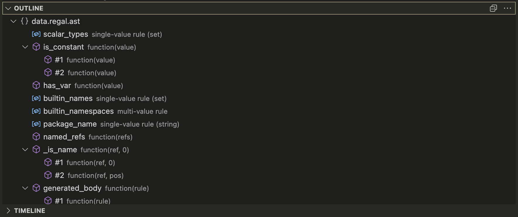 Screenshot showing outline view of document symbols in VS Code