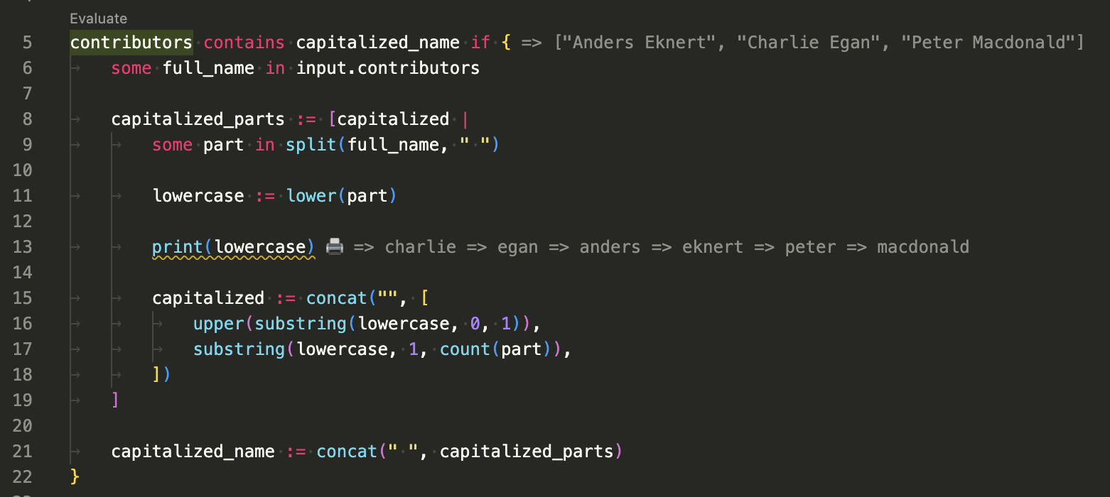 Screenshot of evaluation with print call performed via code lens