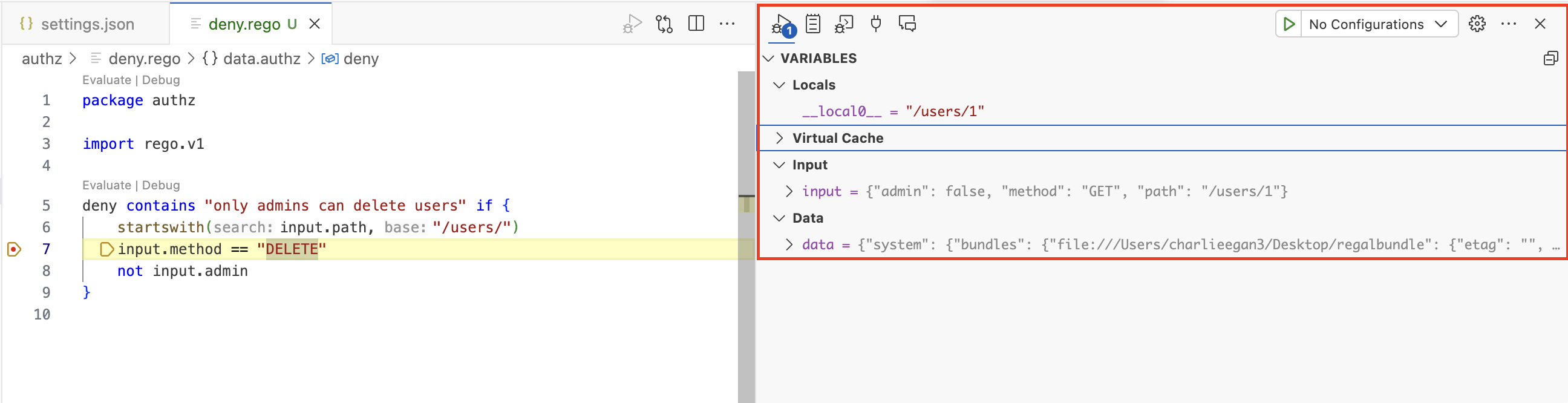 Variables being inspected during execution in VS Code