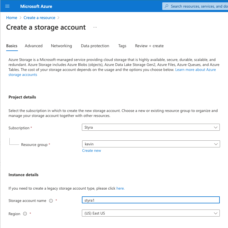 Figure 1 - Create Azure Storage Account