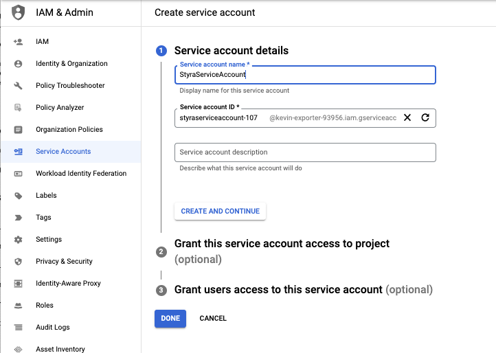 Figure 4 - Create a New Google Storage Service Account