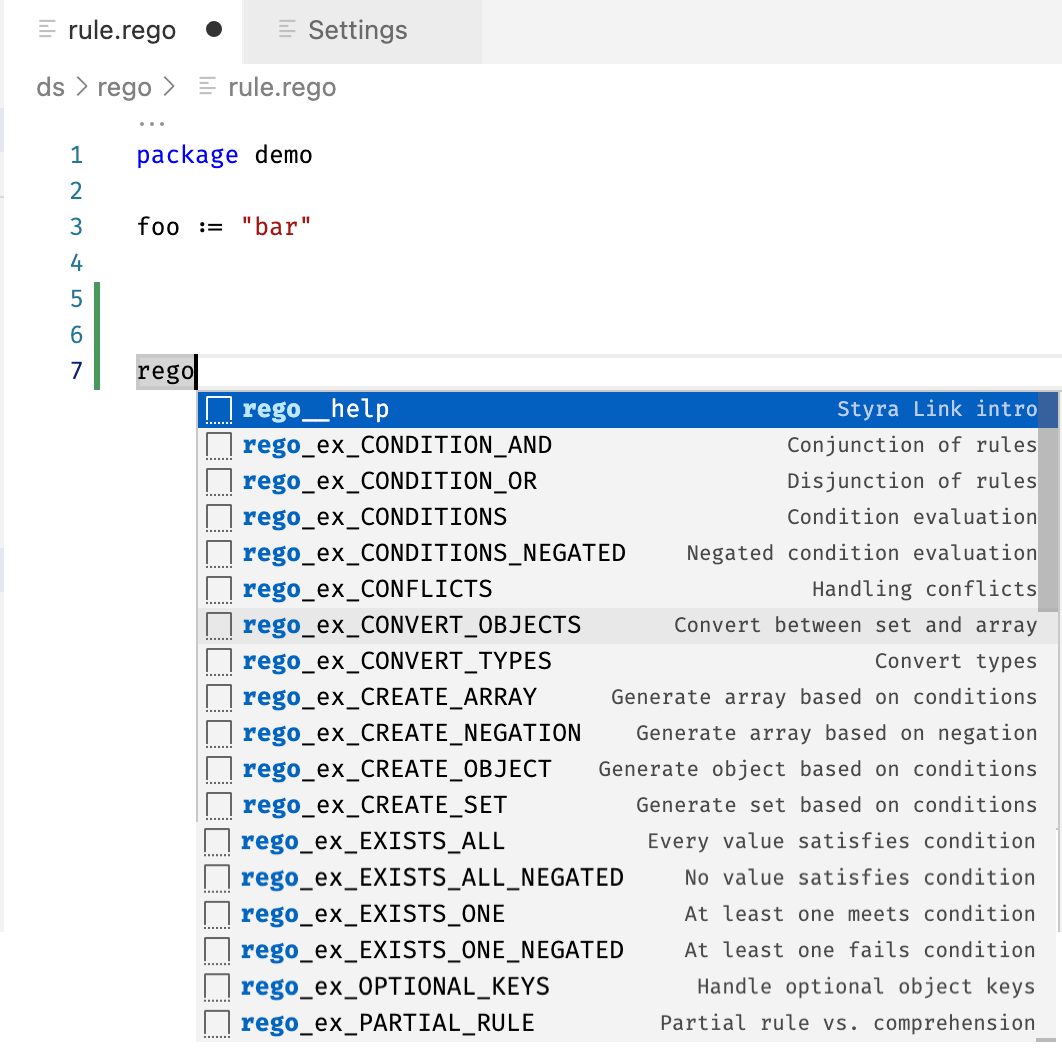 Styra VS Code Tools Snippet List